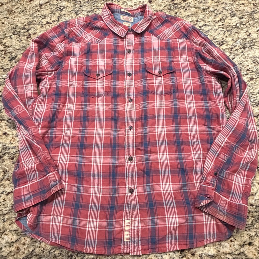 Lucky Brand Mens Classic Fit Plaid Button Down Shirt Red Blue XL Western Pocket